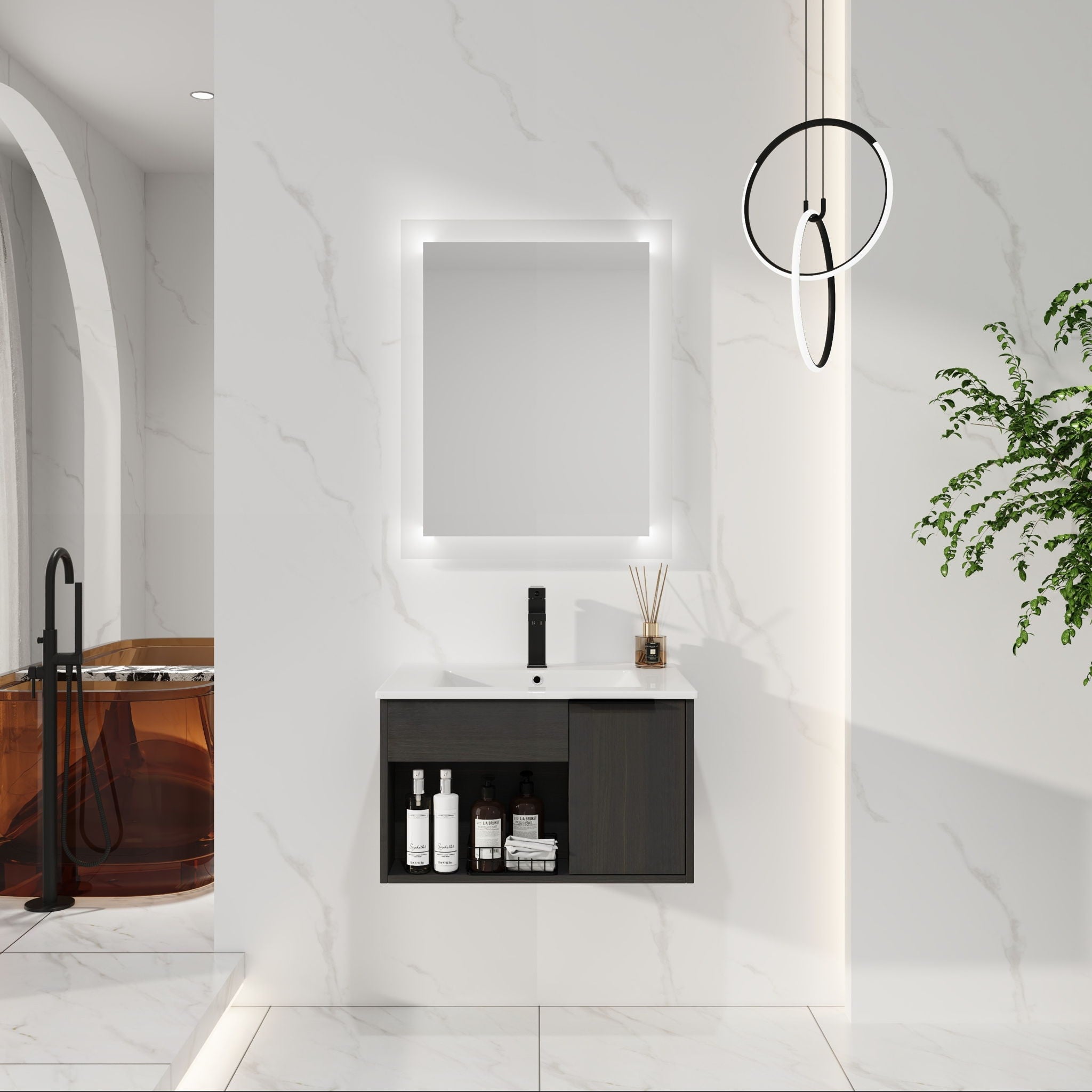 Wall Mounted Floating Bathroom Vanity With Open Shelf &amp; Soft Close Door