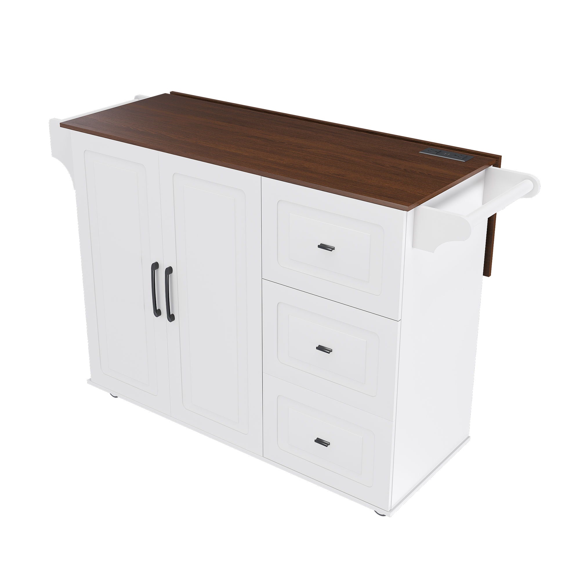 Kitchen Island Cart With Foldable Tabletop &amp; Drop Leaf Mobile Breakfast Bar With Wood Top And Storage - White / Walnut