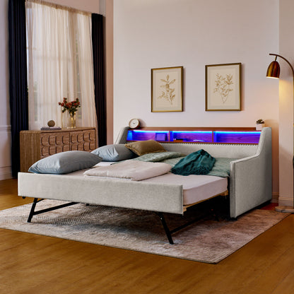 Upholstered Sofa Bed With LED Lights, Storage Headboard, Foldable Trundle &amp; Wireless Charging