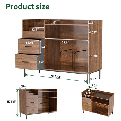 Grain Record Player Stand, Media Console With Speaker Shelf &amp; 2 Drawers