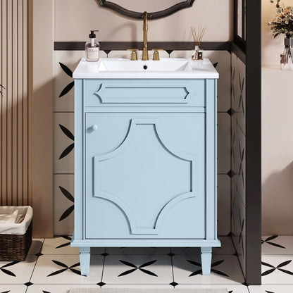 Bathroom Vanity With Ceramic Sink Combo, Modern Freestanding Storage Cabinet With Height Adjustable Shelf, Soft Closing Doors - Blue