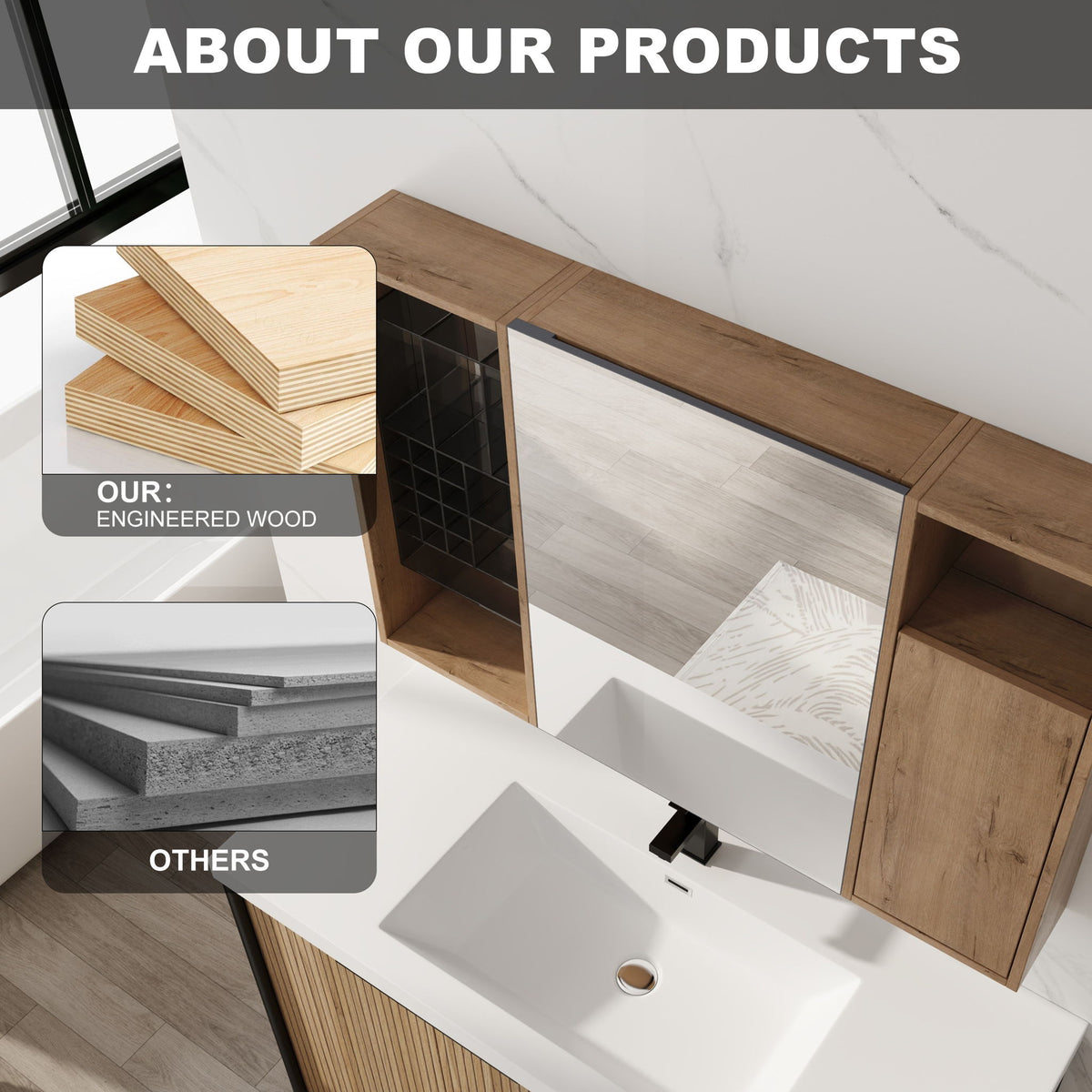 Wall Mounted Bathroom Mirror Cabinet &amp; Adjustable Shelves Storage Cabinet - Imitative Oak