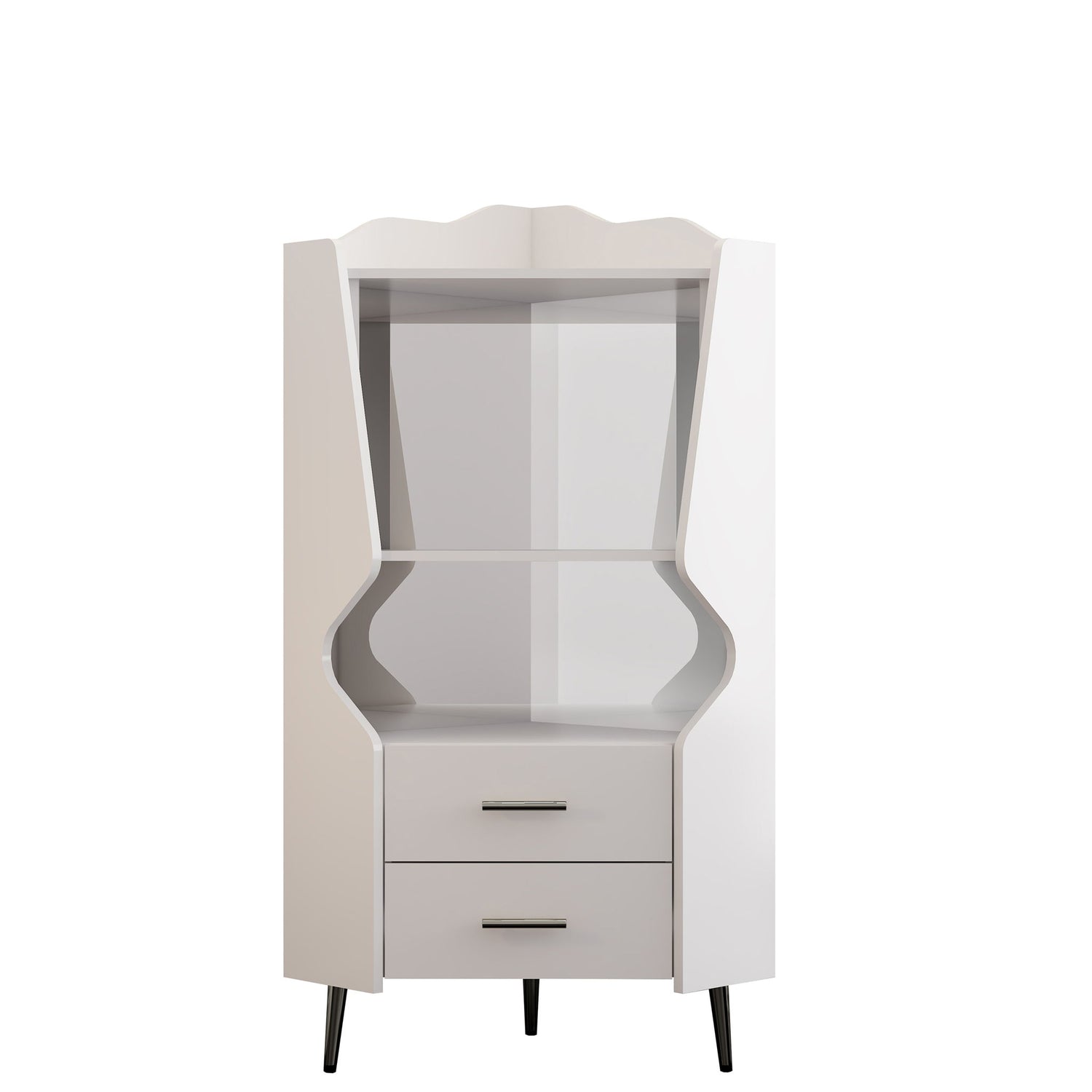 Corner Bar Cabinet With Mirrored Back, 2 Open Shelves &amp; 2 Drawers, High Legs For Easy Cleaning