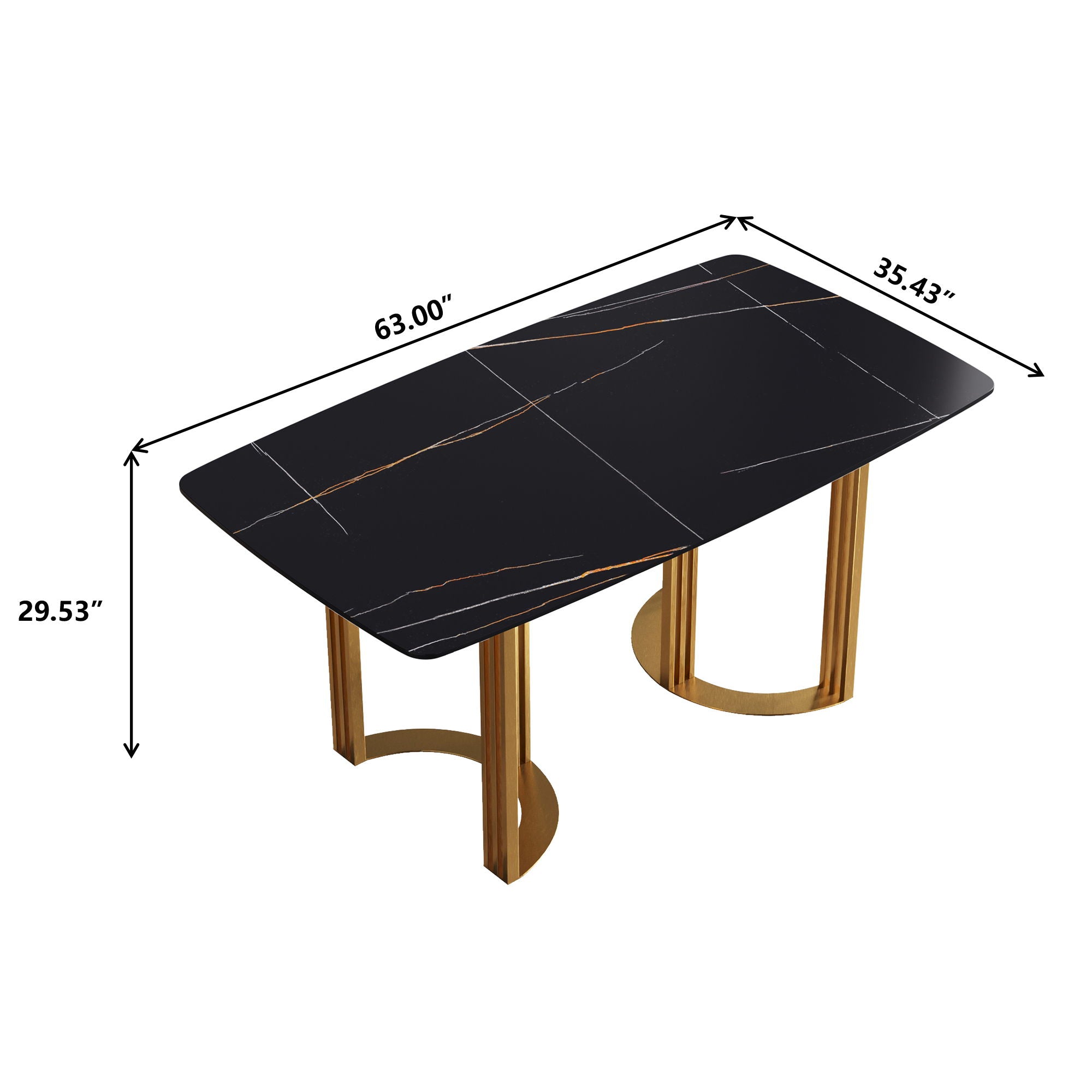 63&quot; Modern Artificial Stone Curved Golden Metal Leg Dining Table, 6 People - Black / Gold