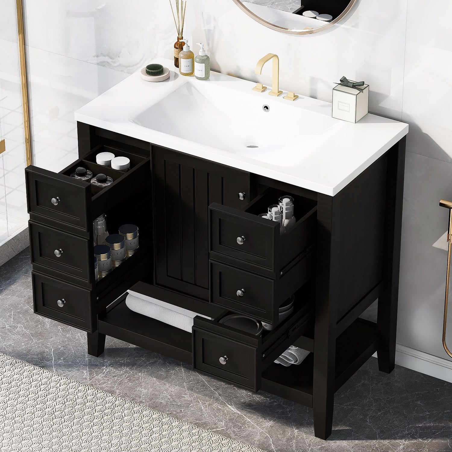 36" Bathroom Vanity &amp; Sink, 2 Cabinet And 3 Drawers - Black