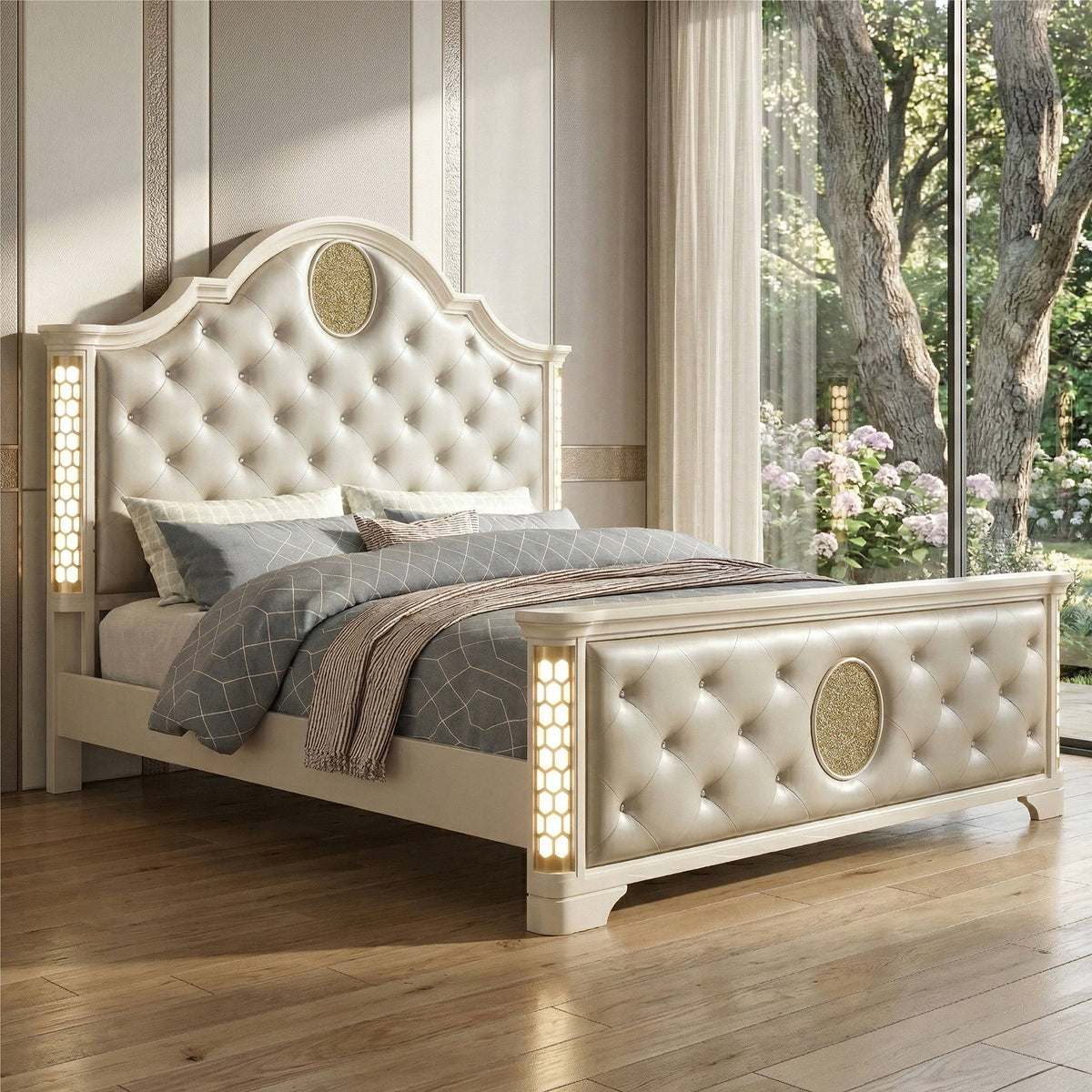 Jasmine - Queen Size Tufted Upholstery &amp; LED Bed - Beige