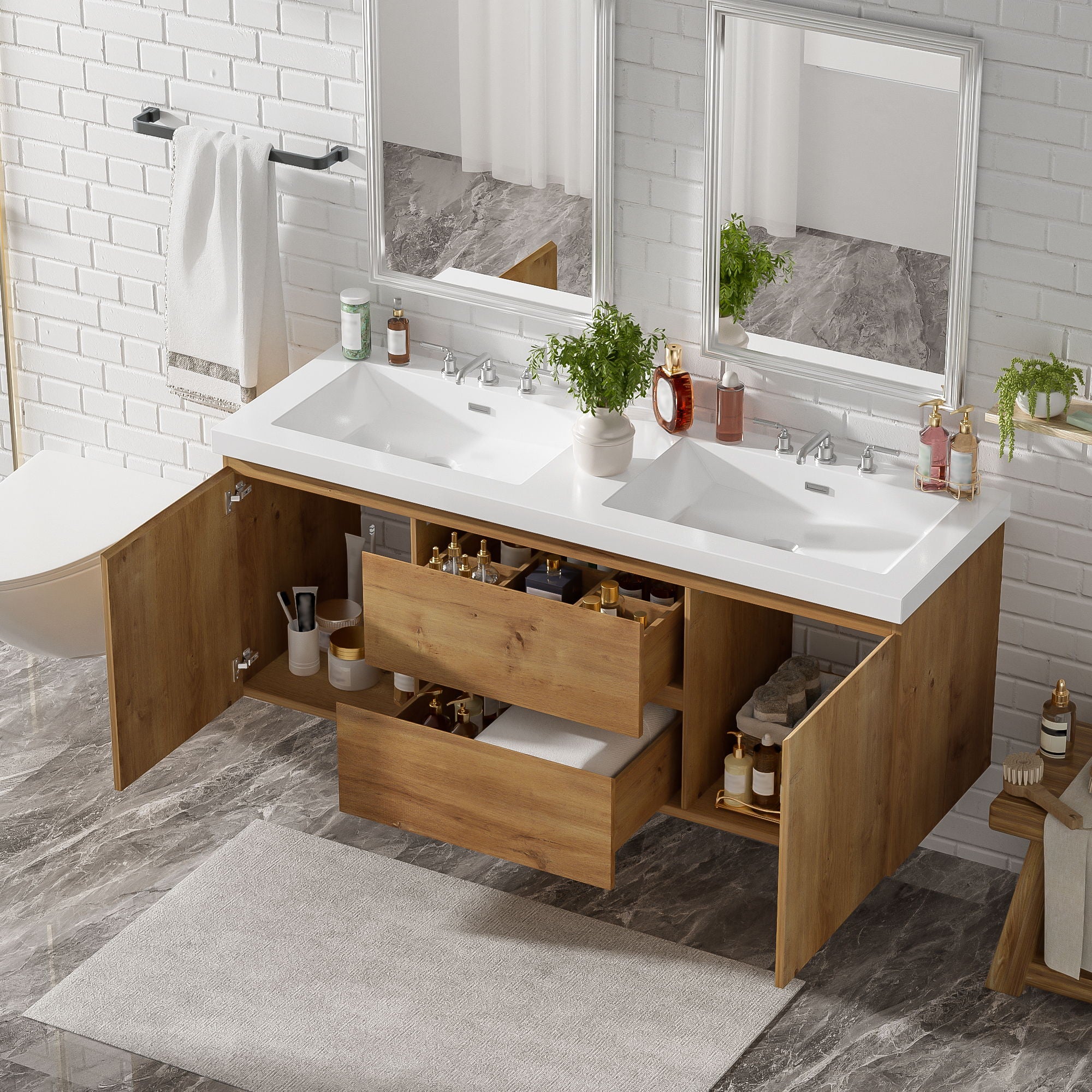 Double Sink Bathroom Vanity, Cabinet &amp; Soft Close Doors, Divided Drawers, Wall Mounted Storage - Wood