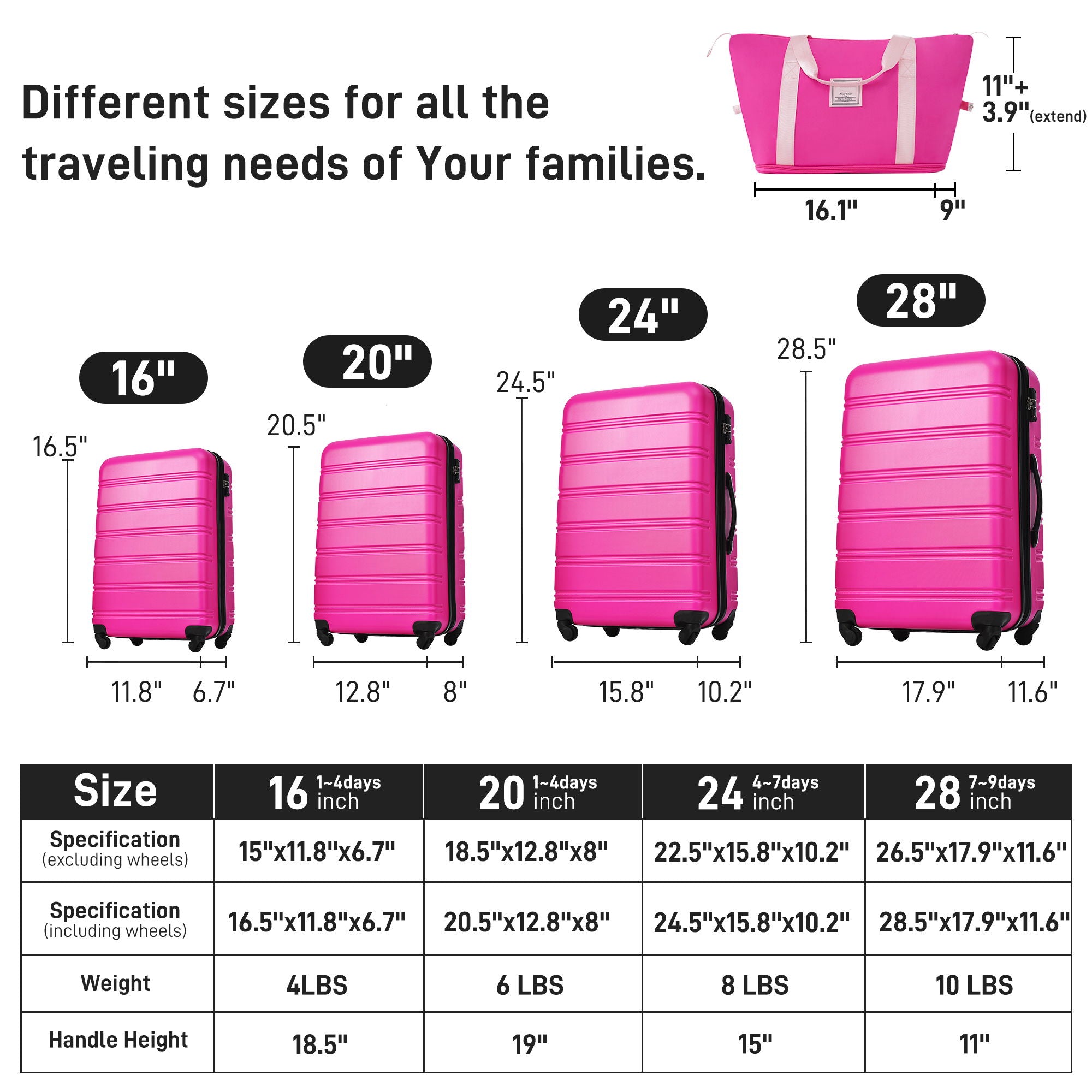 Hardshell Luggage Sets 4 Pieces + Bag Spinner Suitcase With Tsa Lock Lightweight - 16&quot; / 20&quot; / 24&quot; / 28&quot; Luggages