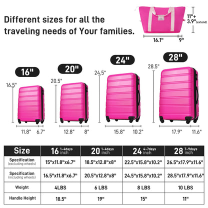 Hardshell Luggage Sets 4 Pieces + Bag Spinner Suitcase With Tsa Lock Lightweight - 16&quot; / 20&quot; / 24&quot; / 28&quot; Luggages