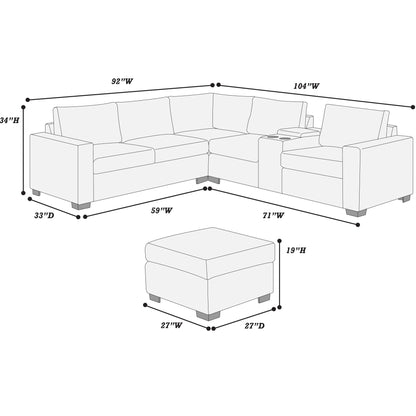 Contemporary L-Shaped Sectional Set With USB Console &amp; Ottoman