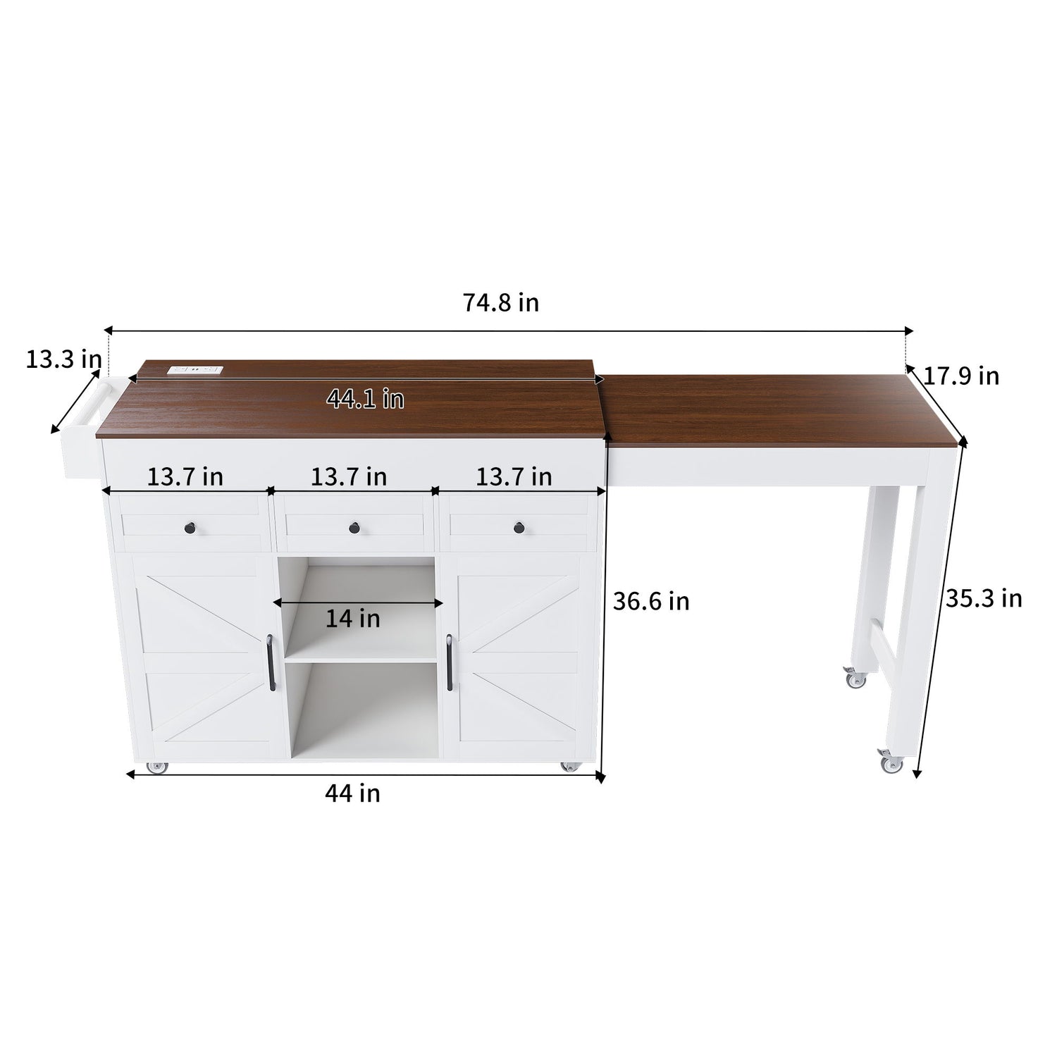 Modern Kitchen Island With Extendable Dining Table &amp; Power Outlet - White