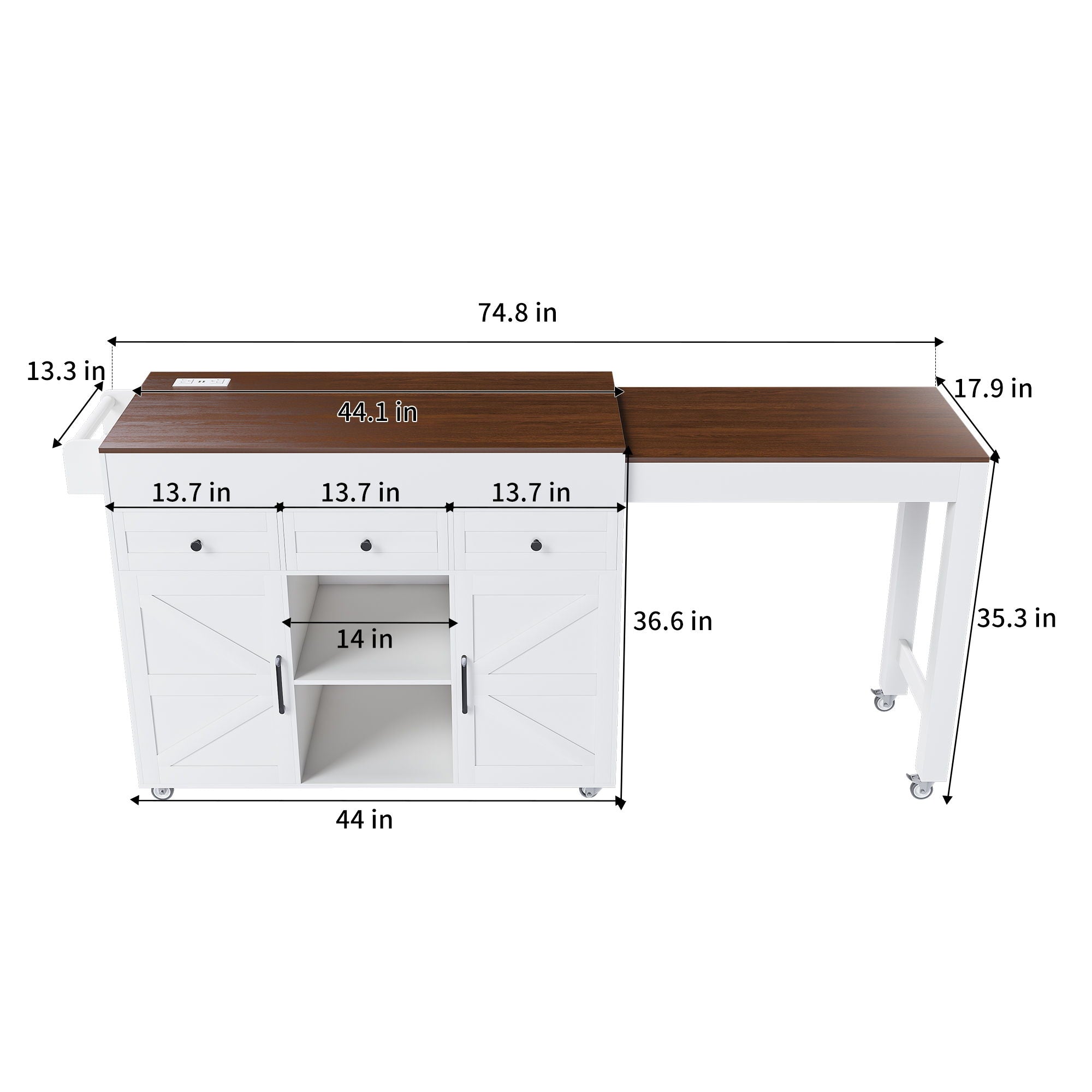 Modern Kitchen Island With Extendable Dining Table &amp; Power Outlet - White