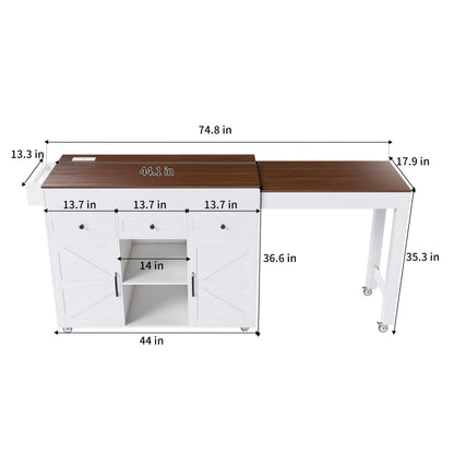 Modern Kitchen Island With Extendable Dining Table &amp; Power Outlet - White