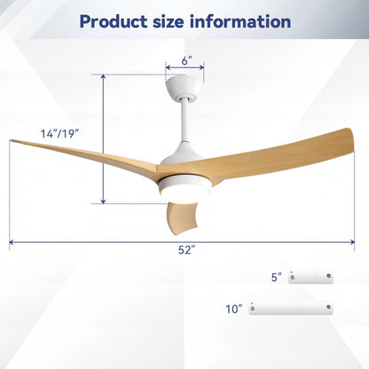 52" Ceiling Fan &amp; 18W LED Light And Remote Control, DC Motor For Bedroom - White