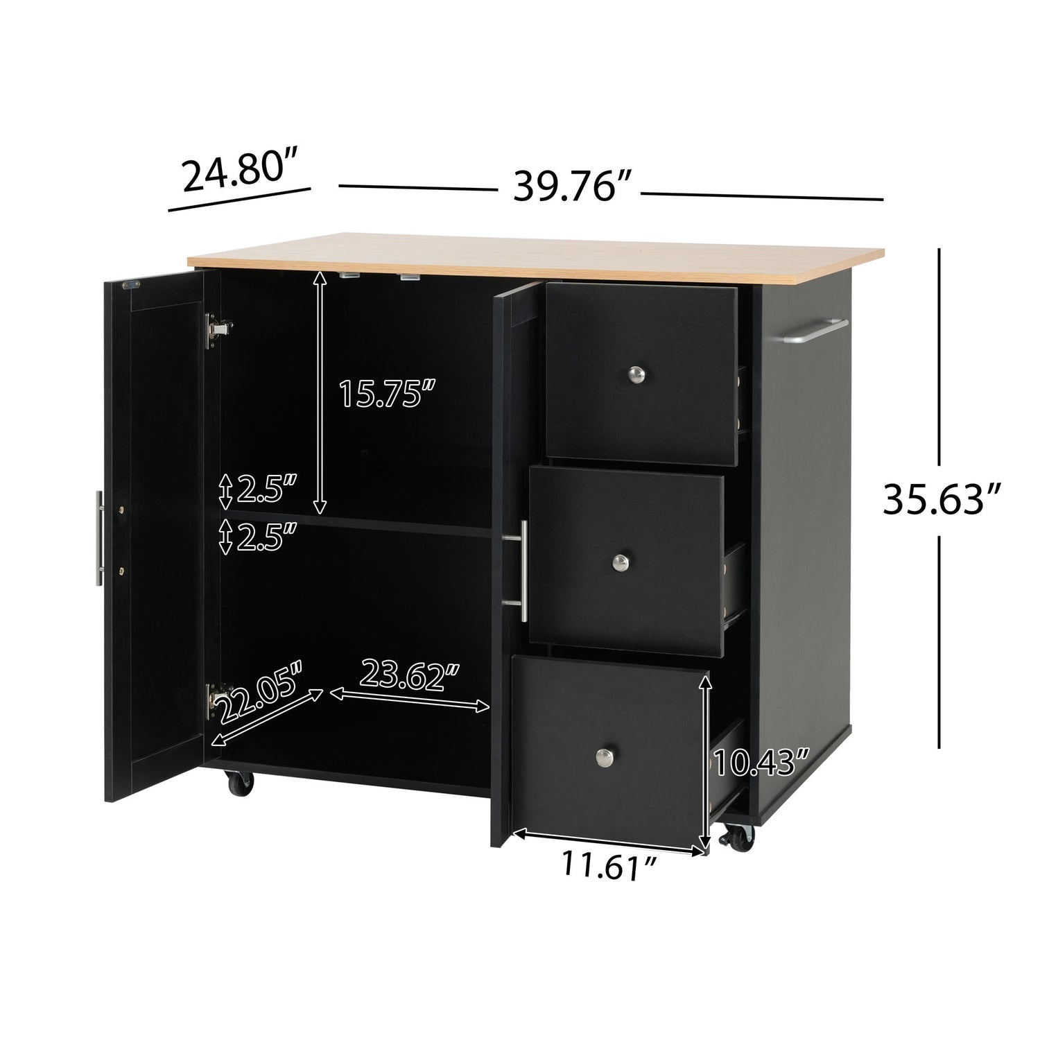 Mobile Kitchen Cart With Storage With 2 Doors, 3 Drawers &amp; Adjustable Shelf - Black / Natural