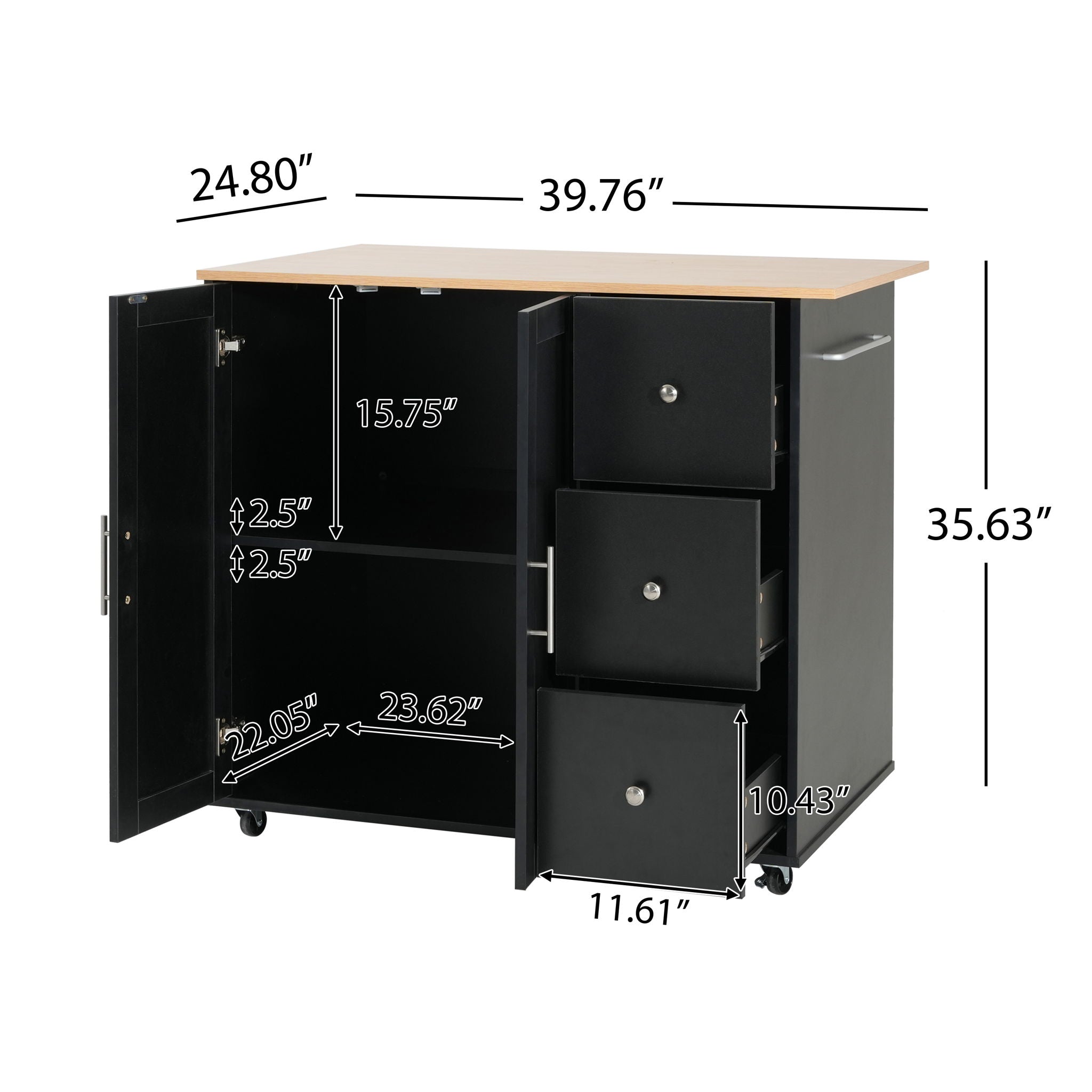 Mobile Kitchen Cart With Storage With 2 Doors, 3 Drawers &amp; Adjustable Shelf - Black / Natural