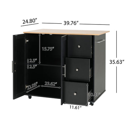 Mobile Kitchen Cart With Storage With 2 Doors, 3 Drawers &amp; Adjustable Shelf - Black / Natural