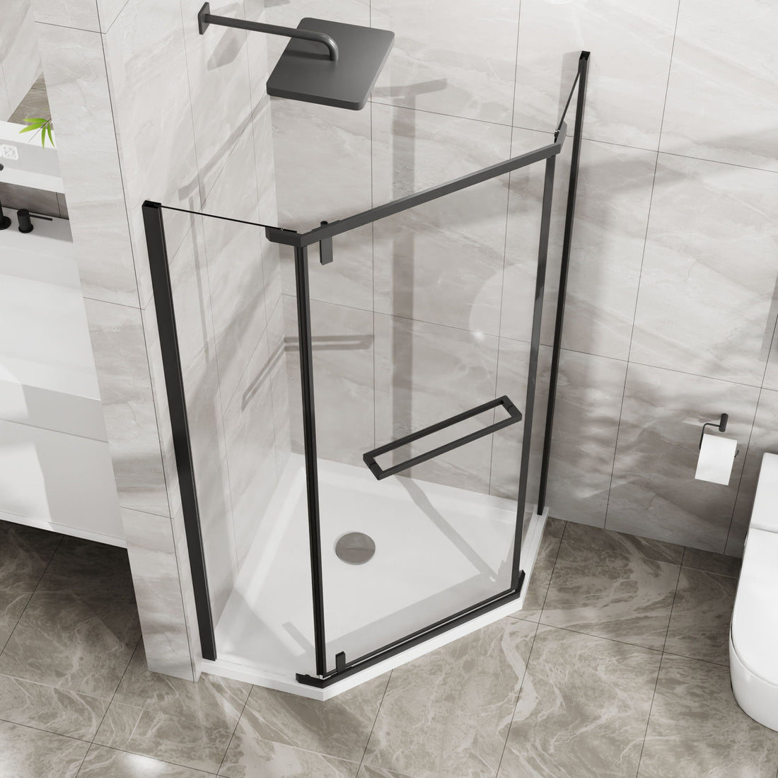 Neo Angle - Frameless Shower Door With White Acrylic Shower Base Combo - Matte Black