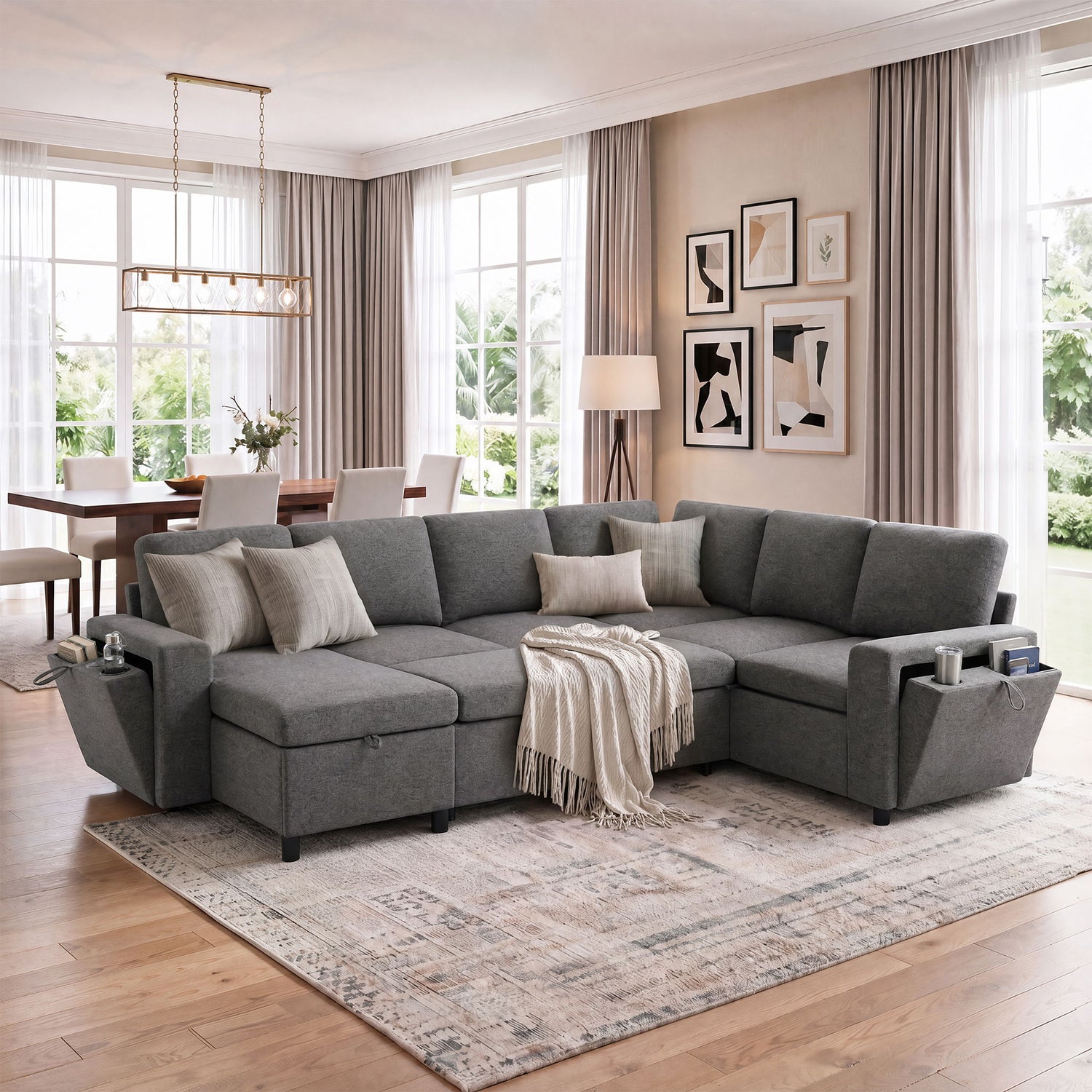 U - Shaped Convertible Sectional Sofa Bed With Storage, USB Charger &amp; Cup Holders