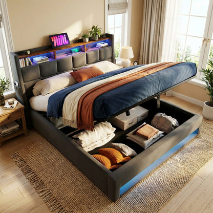 Platform Bed With Hydraulic Storage, LED Lighting &amp; Charging Station