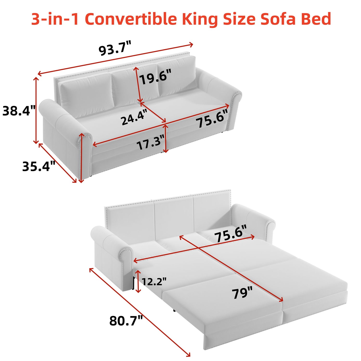 3 In 1 Convertible Sleeper Sofa With Nailhead Trim &amp; Rolled Arm