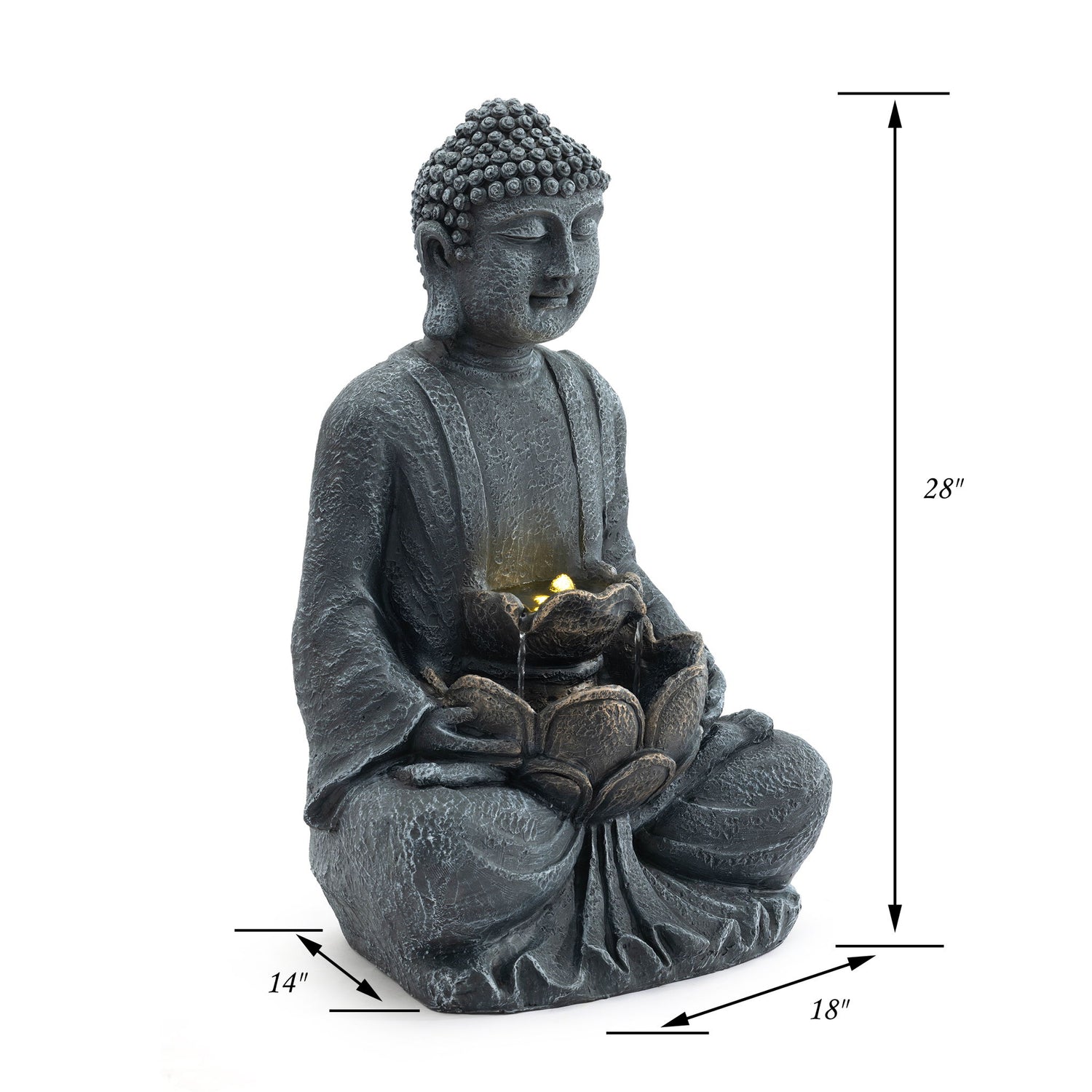 Zen - 2 Tier Meditating Buddha Water Fountain With Pump &amp; LED Light - Gray