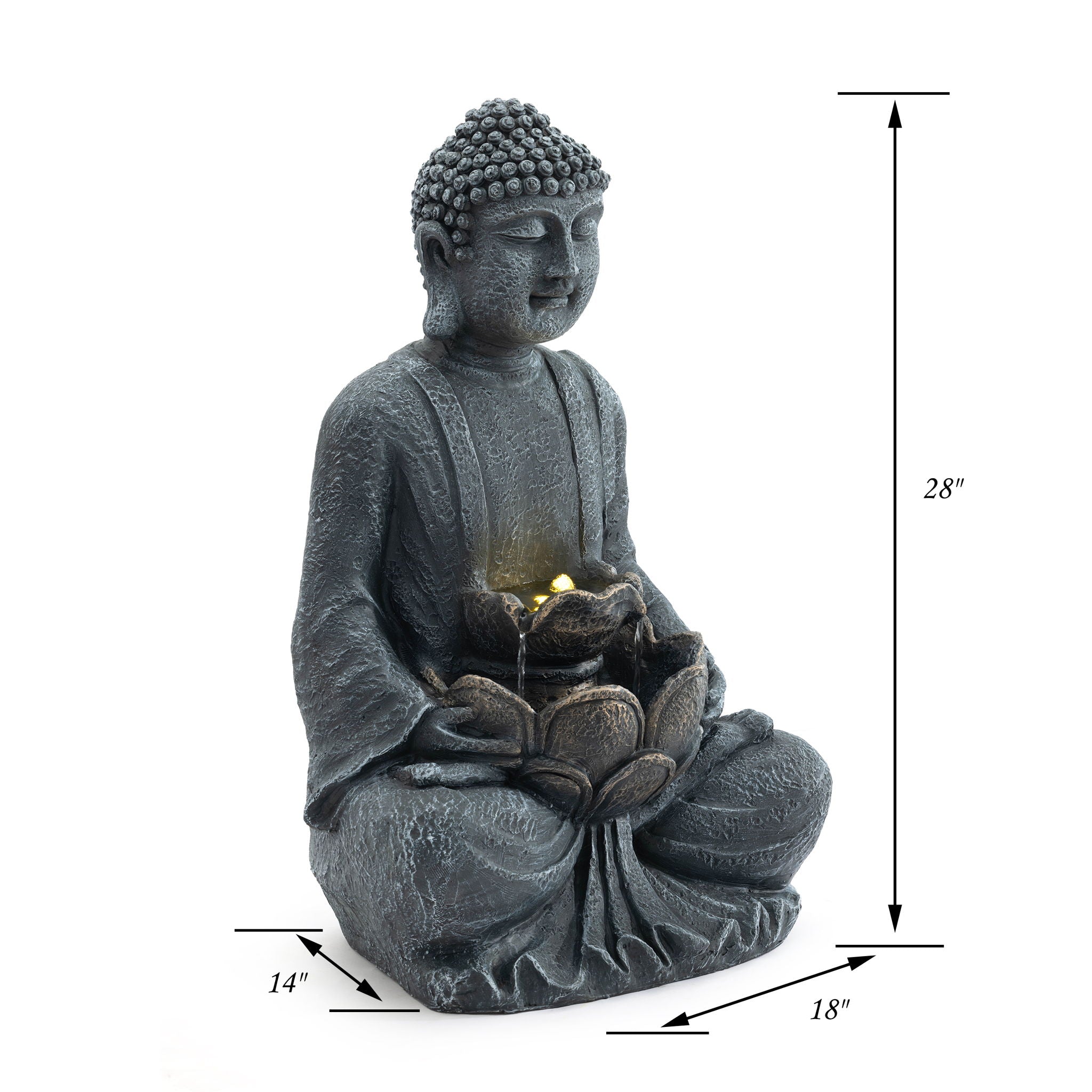 Zen - 2 Tier Meditating Buddha Water Fountain With Pump &amp; LED Light - Gray