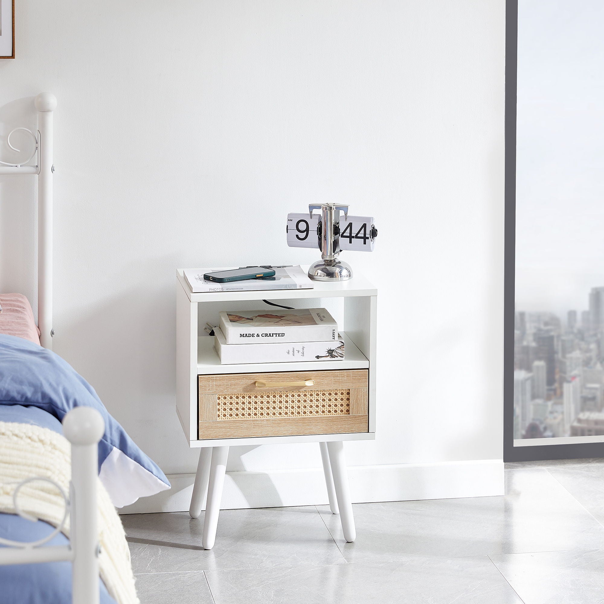 15.75&quot; Rattan End Table With Power Outlet &amp; USB Ports, Modern Nightstand With Drawer And Solid Wood Legs, Side Table For Living Room, Bedroom