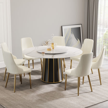 59.05&quot; Modern Artificial Stone Round Panel Metal Iron Base Dining Table, Can Accommodate 8 People Artificial Stone Turntable (Not Including Chairs) - White / Black