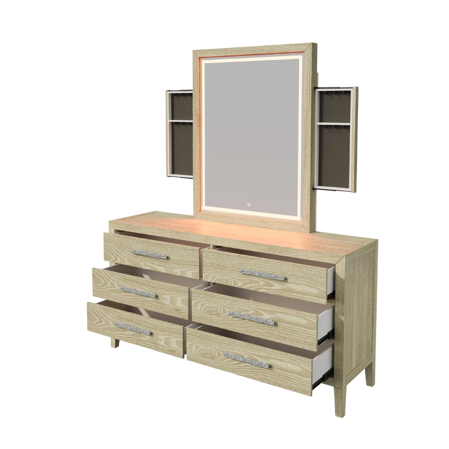 Adeline - 6 Drawers Dresser &amp; Mirror With Jewelry Box &amp; LED Light - Natural Wood Wash