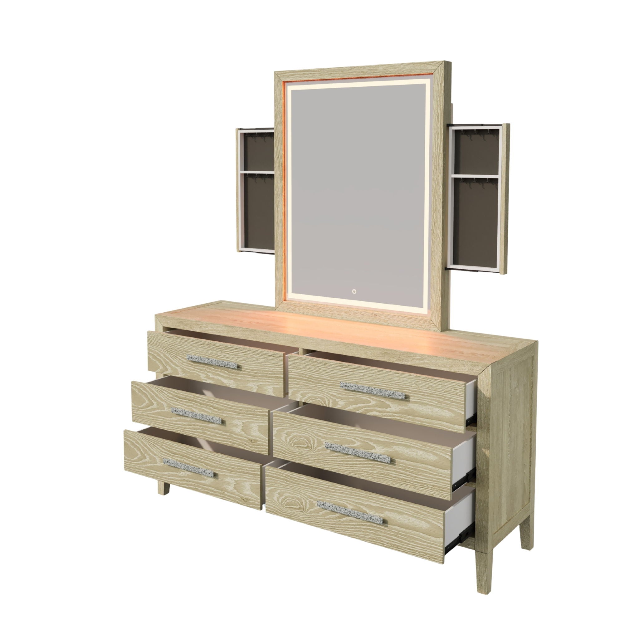 Adeline - 6 Drawers Dresser &amp; Mirror With Jewelry Box &amp; LED Light - Natural Wood Wash