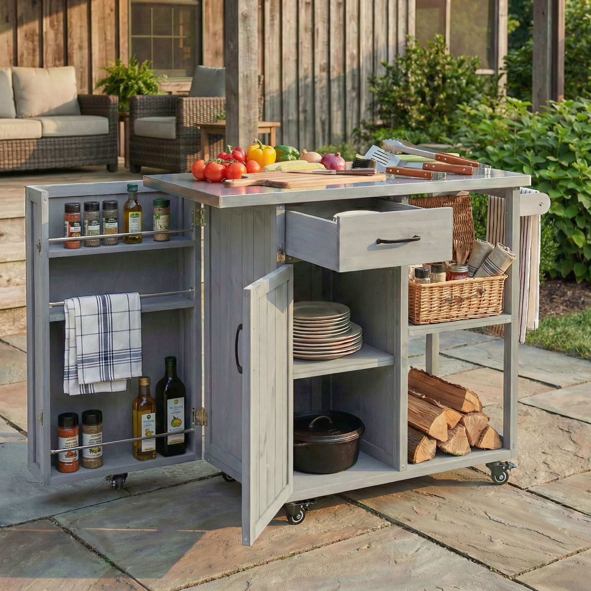 Outdoor Kitchen Island Prep Station With Lockable Wheels, Ample Storage, Towel &amp; Spice Racks