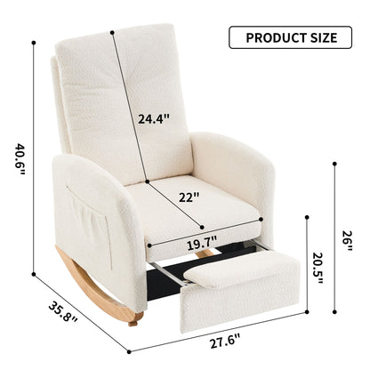 Accent Rocking Chair &amp; Footrest High Back Rubber Wood Rocking Legs Bedroom Living Space - Beige