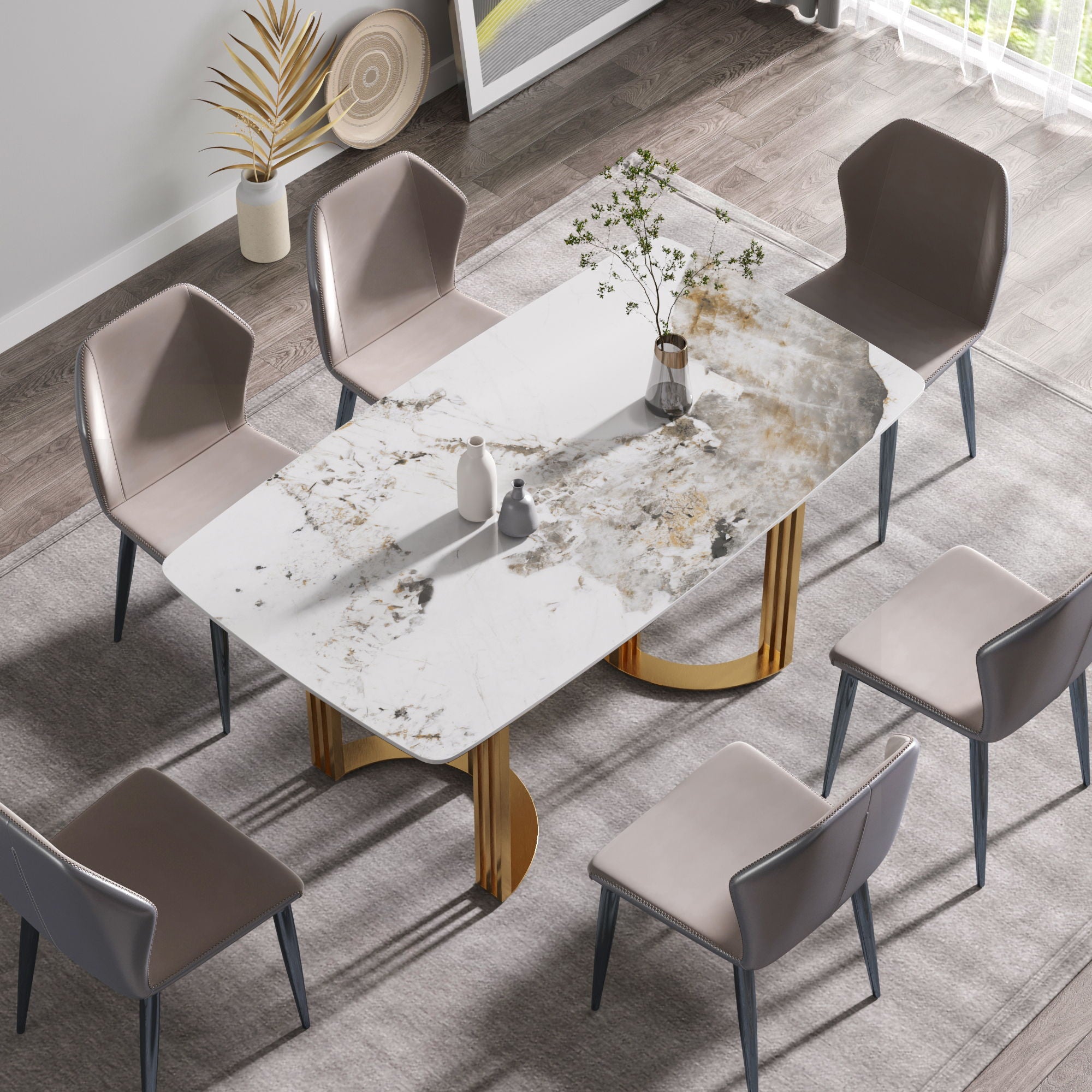 63&quot; Modern Artificial Stone Pandora White Curved Metal Leg Dining Table, 6 People - Antique White