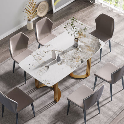 63&quot; Modern Artificial Stone Pandora White Curved Metal Leg Dining Table, 6 People - Antique White