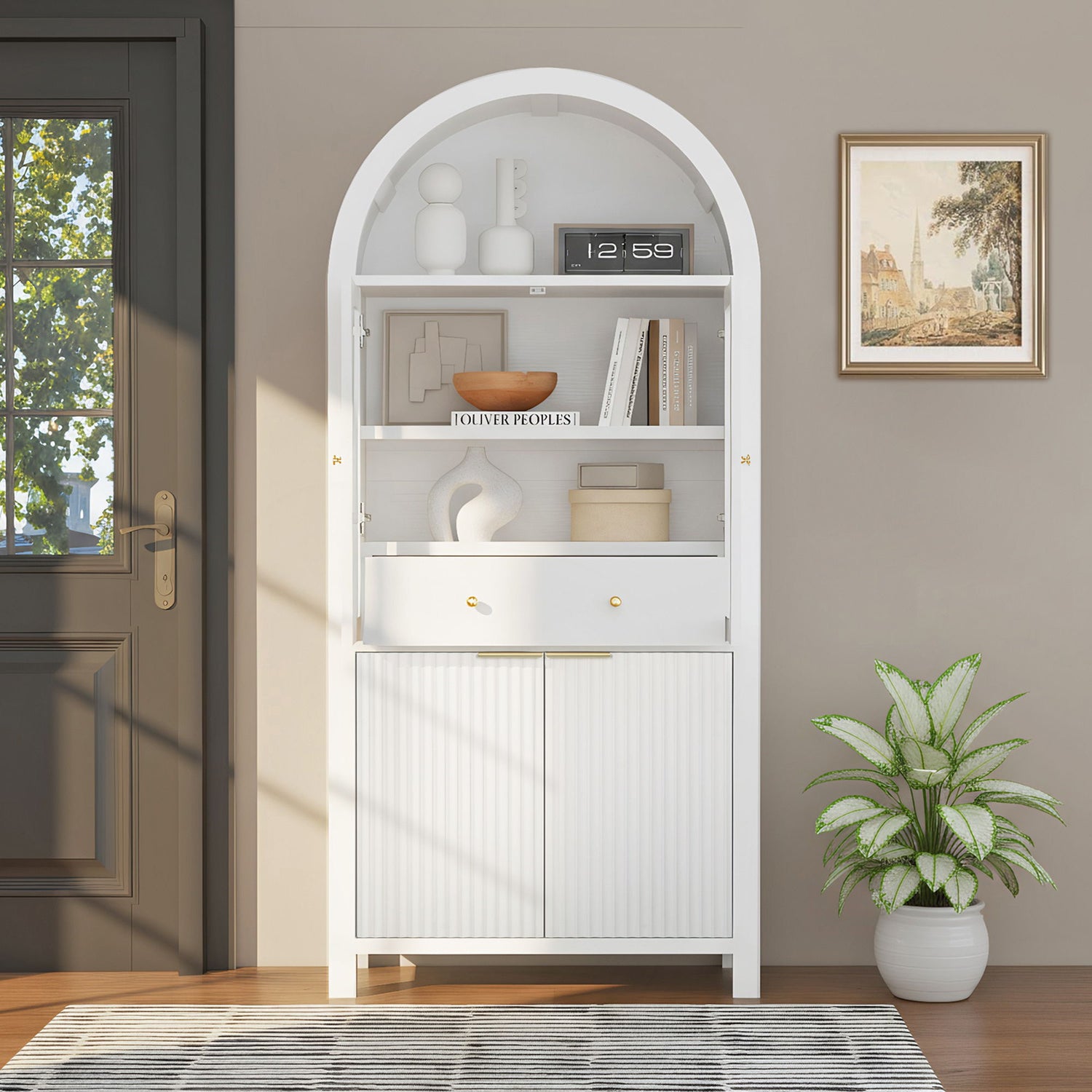 Fluted Tall Arched Pantry Cabinet With Adjustable Shelves, Glass Door &amp; Hidden Drawer For Kitchen