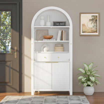Fluted Tall Arched Pantry Cabinet With Adjustable Shelves, Glass Door &amp; Hidden Drawer For Kitchen
