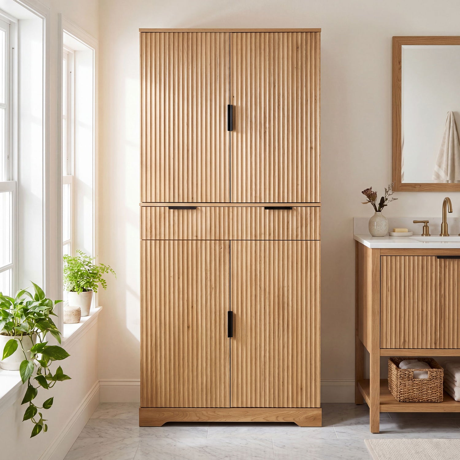 Fluted Kitchen Pantry Cabinet With 3 Keyboard Drawers &amp; 6 Door Shelves Adjustable