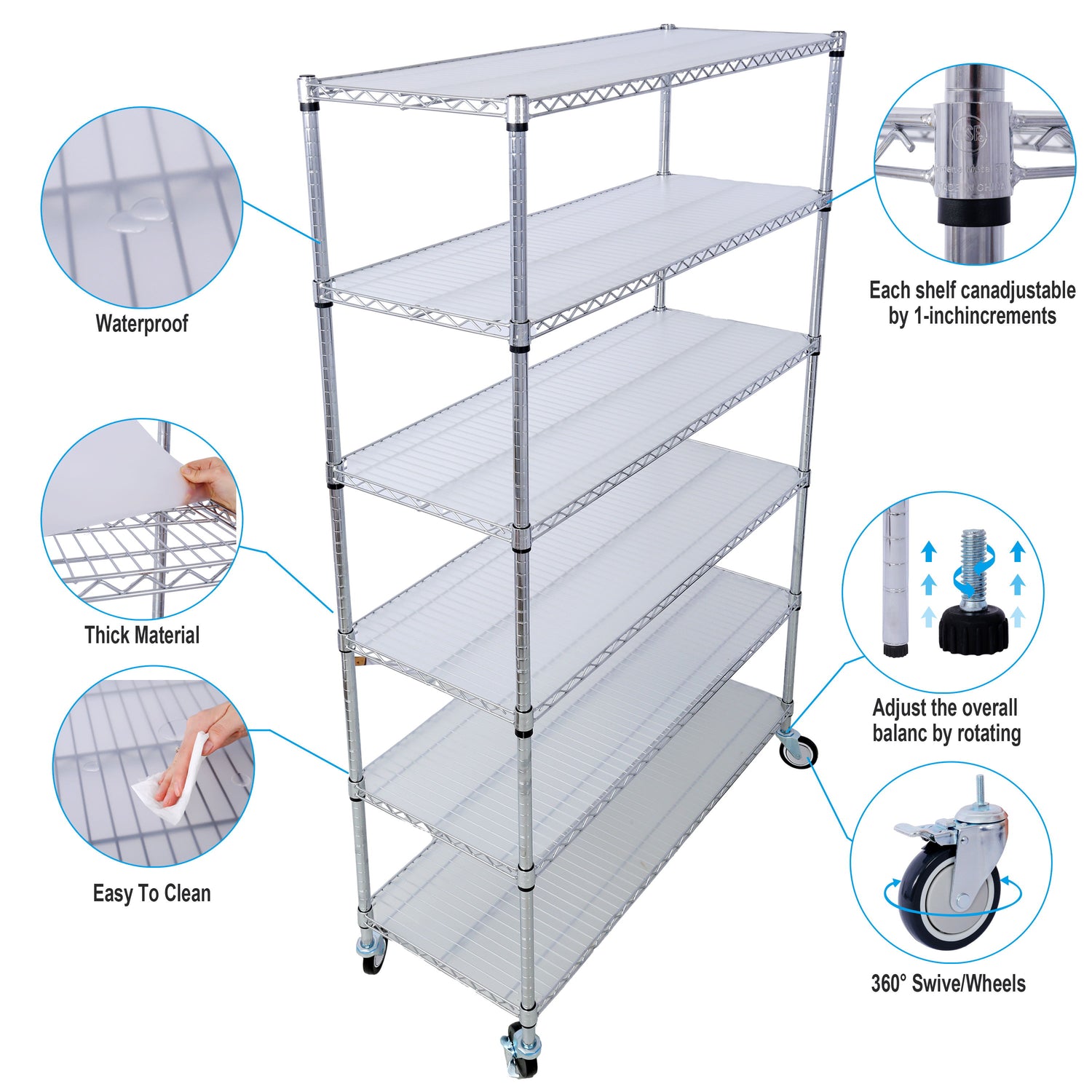 6 Tier 6000Lbs Capacity Nsf Metal Shelf Wire Shelving Unit, Heavy Duty Adjustable Storage Rack With Wheels &amp; Shelf Liners For Commercial Grade Utility Steel Storage Rack