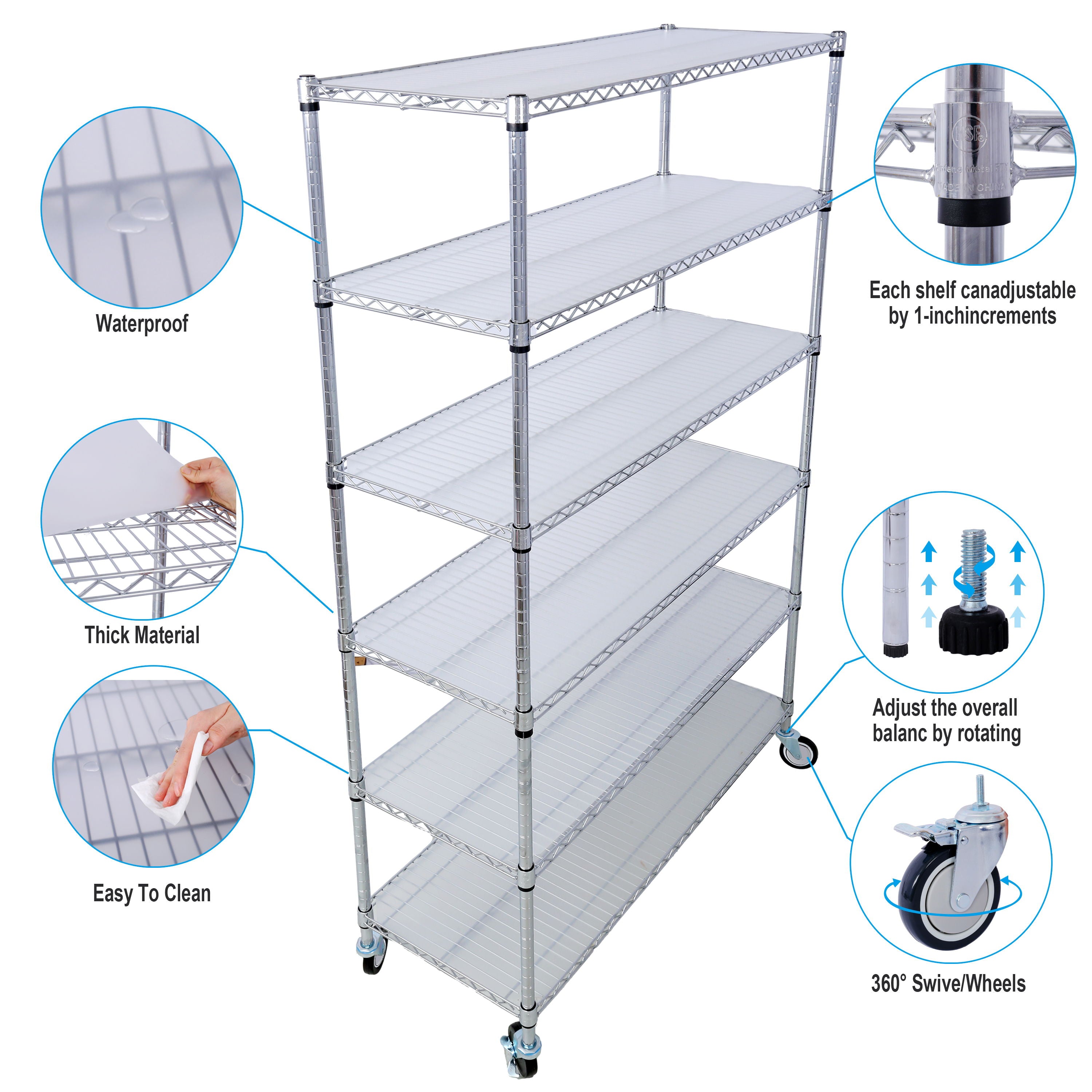 6 Tier 6000Lbs Capacity Nsf Metal Shelf Wire Shelving Unit, Heavy Duty Adjustable Storage Rack With Wheels &amp; Shelf Liners For Commercial Grade Utility Steel Storage Rack