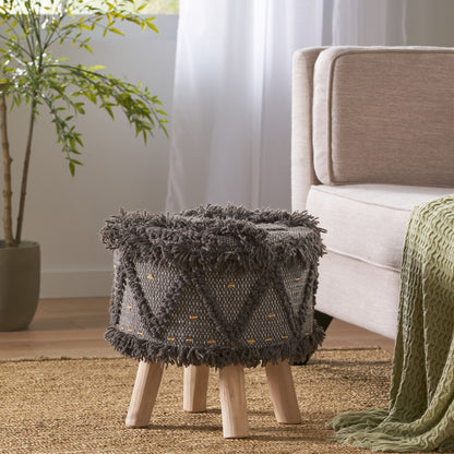 Roja - Handcrafted Wool &amp; Cotton Foot Stool With Eucalyptus Wood Frame - Dark Brown