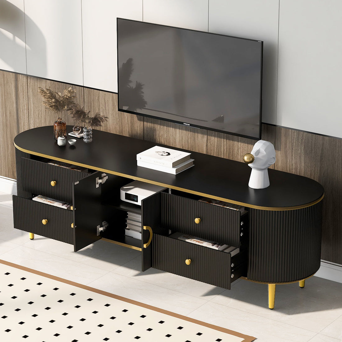 Modern TV Stand For TVs Up To 80&quot;, Entertainment Center With 4 Drawers And 1 Cabinet, Wood TV Console Table With Metal Legs And Handles For Living Room