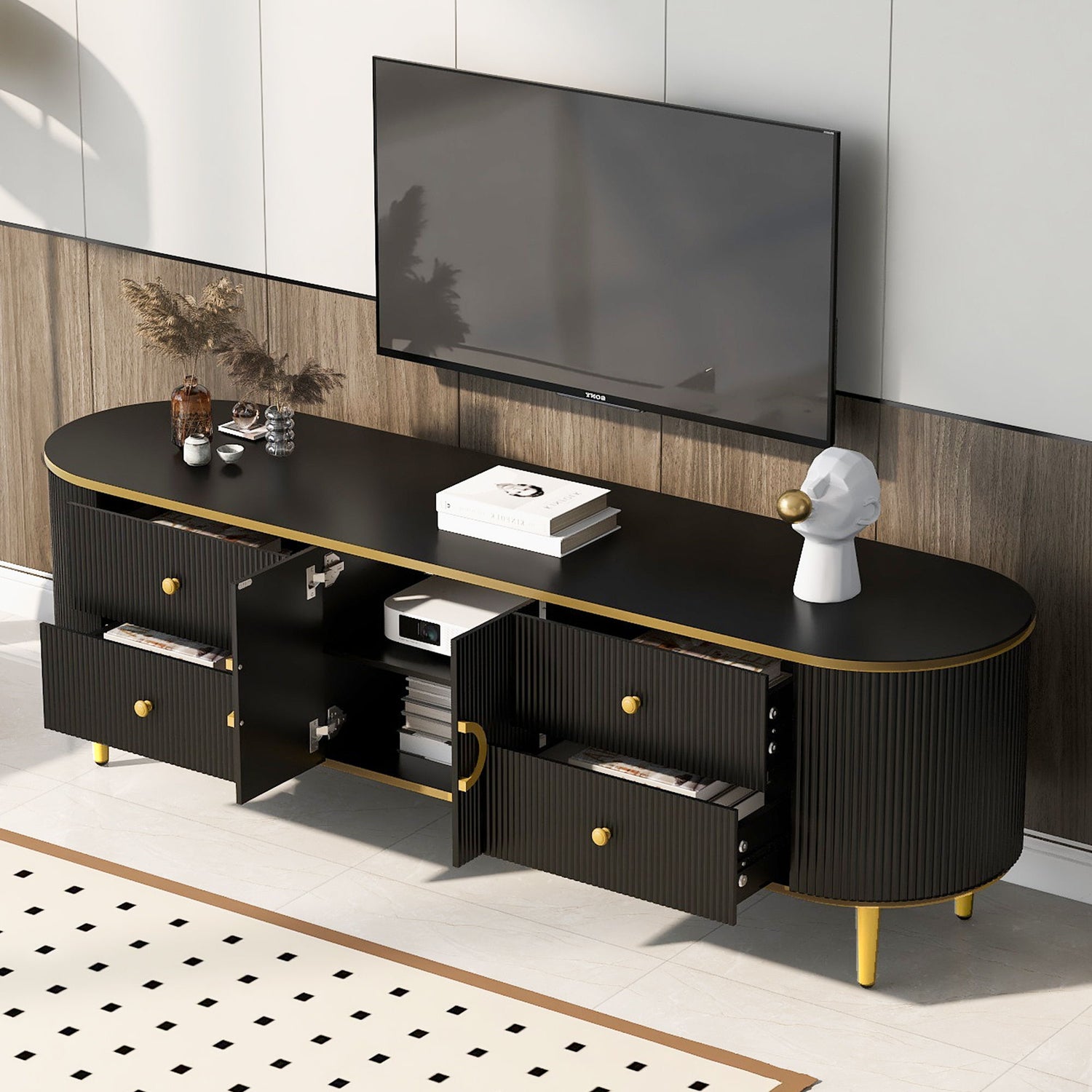 Modern TV Stand For TVs Up To 80&quot;, Entertainment Center With 4 Drawers And 1 Cabinet, Wood TV Console Table With Metal Legs And Handles For Living Room