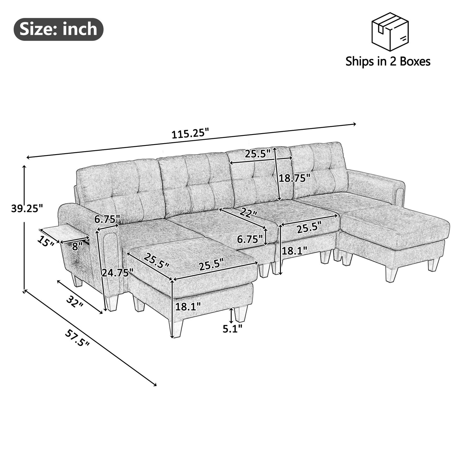 Modular Sectional Sofa With Movable Ottomans, USB Ports &amp; Side Tables