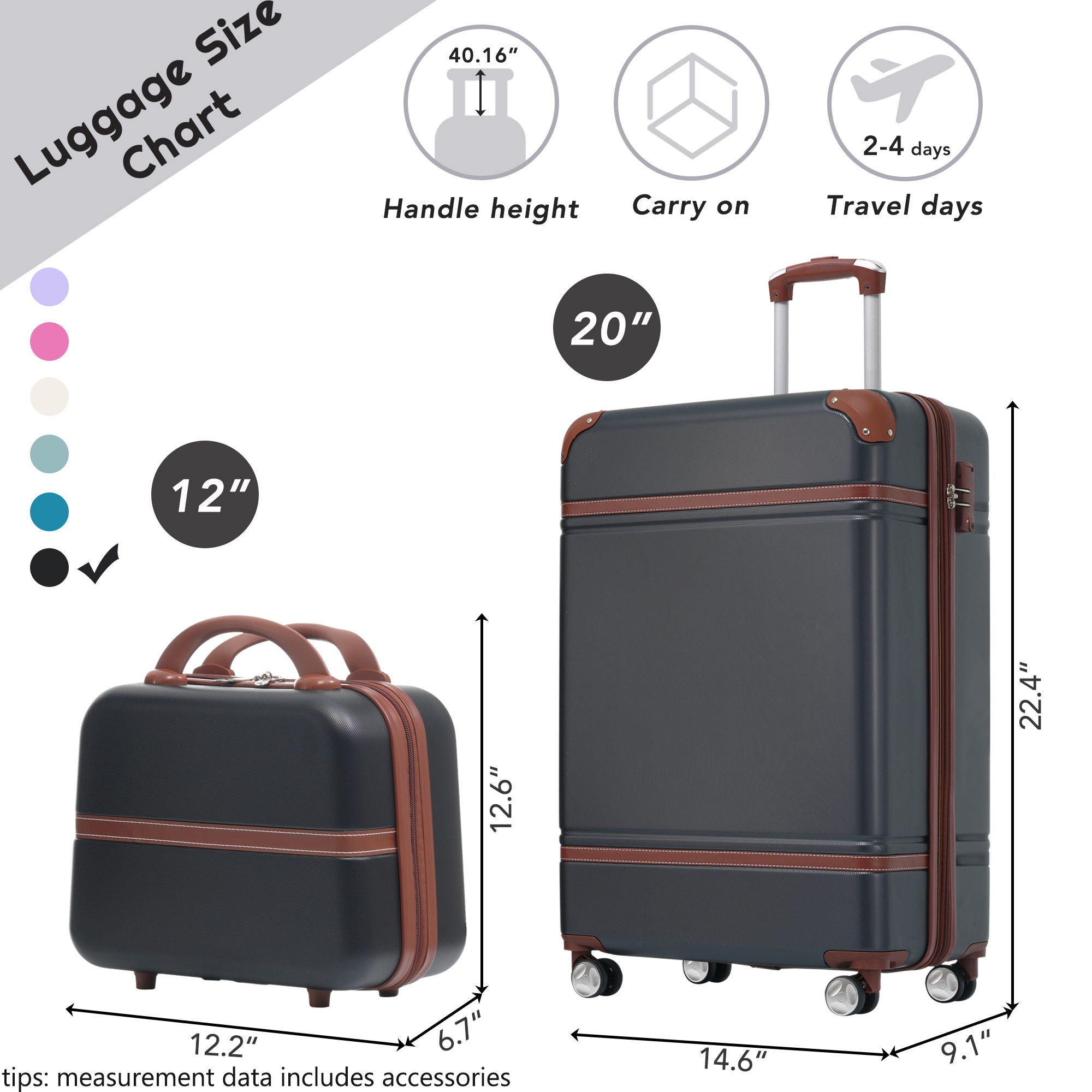 20&quot; Hardside Luggage With Cosmetic Case, 2 Piece Lightweight Suitcase Set With Spinner Wheels, Carry On Vintage Luggage