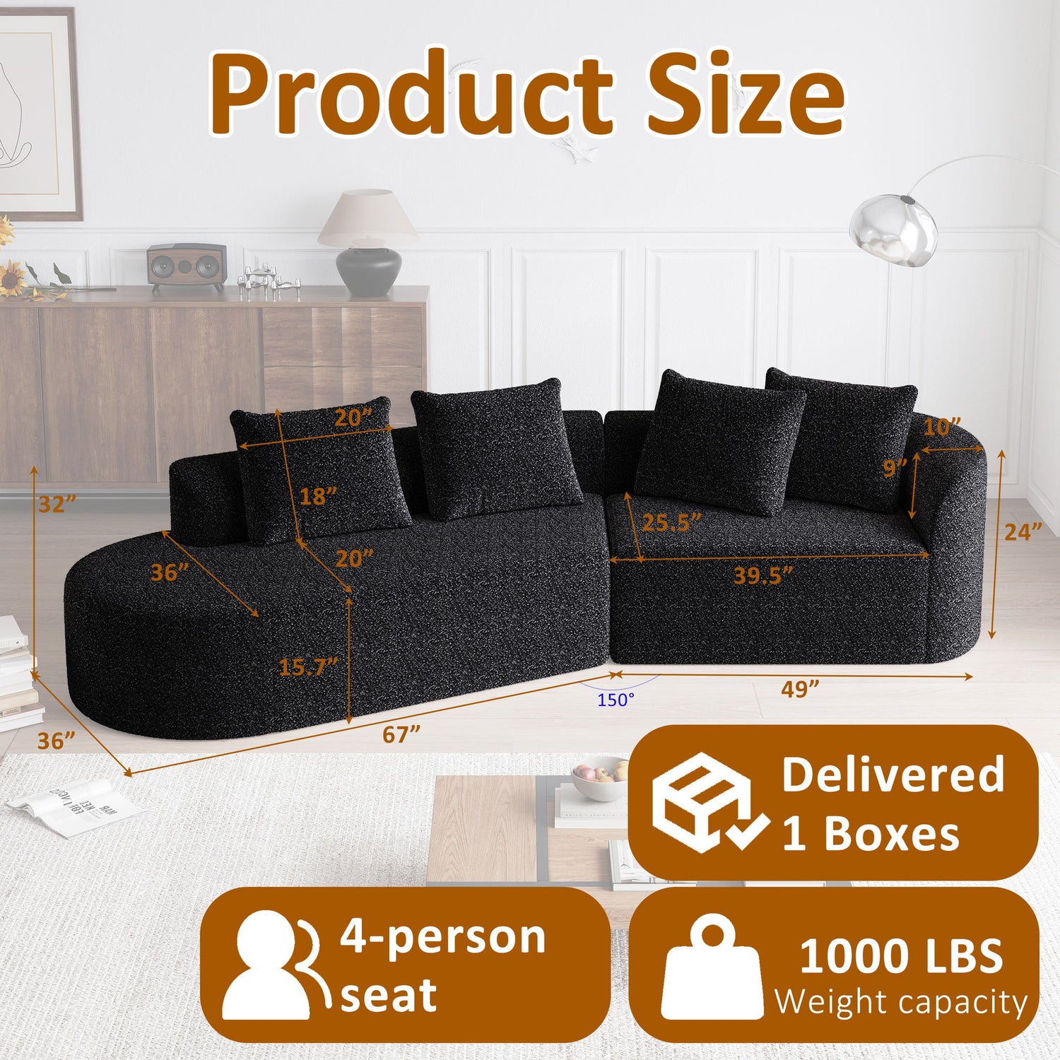 Upholstered Oversized Sectional Sofa, 4 Seater Extra Deep &amp; Wide Seat Curved Cloud Couch With 4 Throw Pillows, Free Combination Living Room - Black