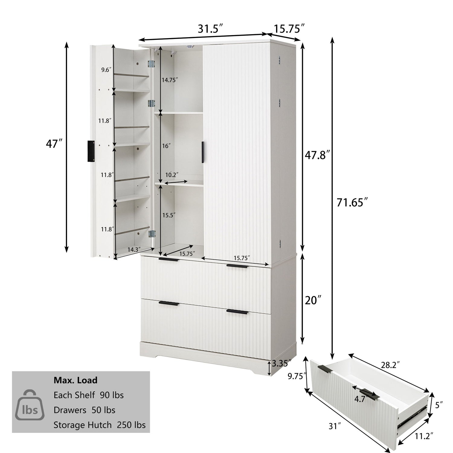 Fluted Kitchen Pantry Cabinet With 2 Large Drawers &amp; 8 Door Spice Rack