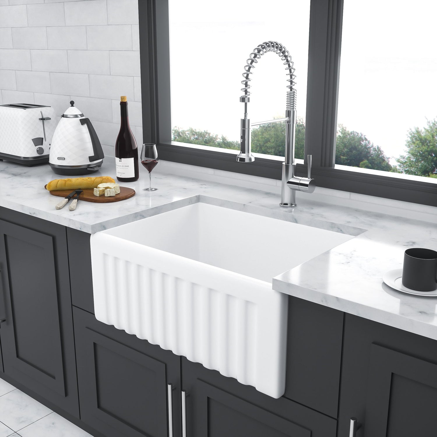 Elegant Farmhouse Style Small Apron Front Ceramic Kitchen Sink 24&quot; Single Bowl Reversible Design - White