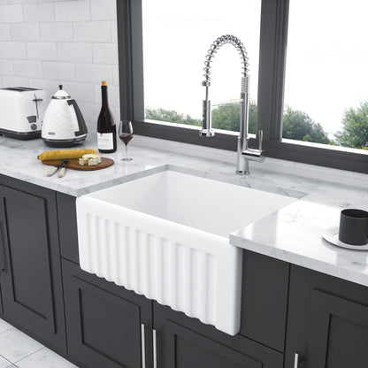 Elegant Farmhouse Style Small Apron Front Ceramic Kitchen Sink 24&quot; Single Bowl Reversible Design - White