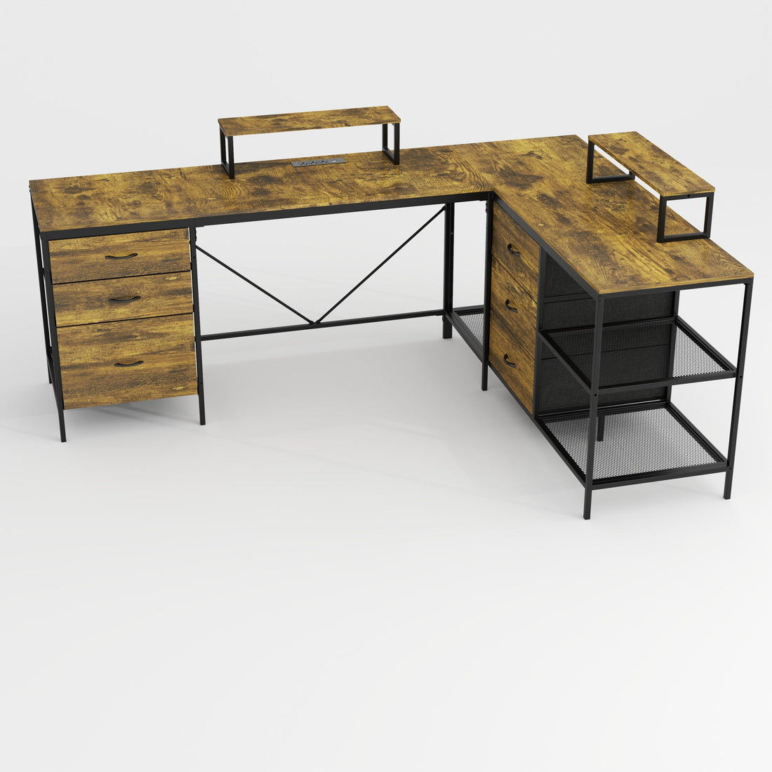 Industrial L Shaped Computer Desk With Power Outlets &amp; USB-C, 6 Fabric Drawers, 3 Open Shelves, Movable Monitor Stands - Brown